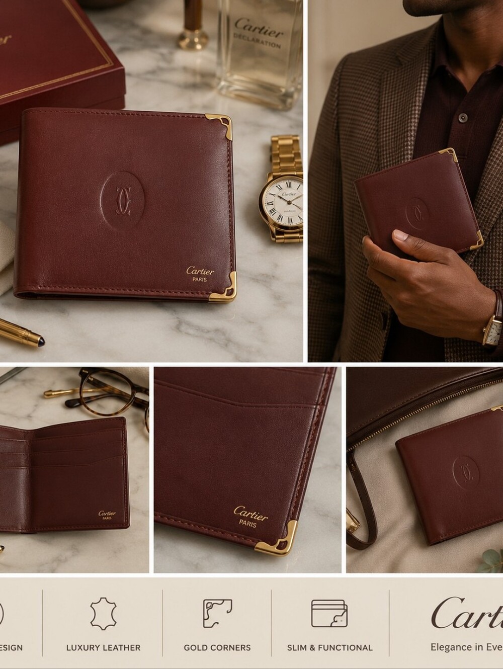Cartier Burgundy Leather Bifold Wallet with Gold Corners
